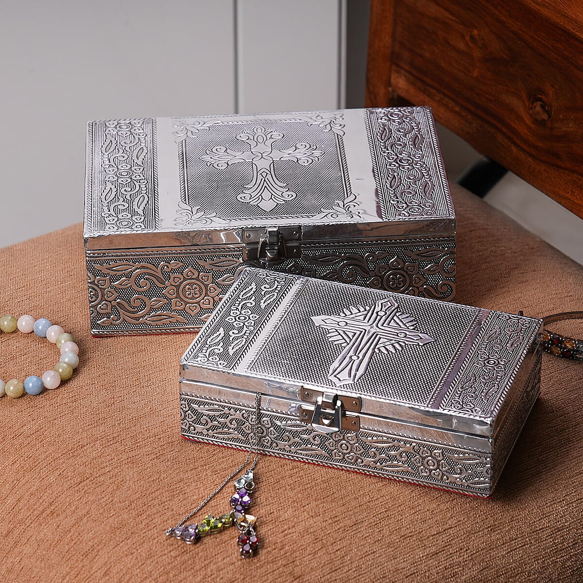 Cross Embossed Aluminium Oxidized Set of 2 Nesting Storage Box image number 1