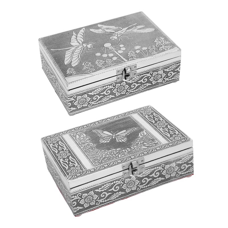 Dragonfly and Butterfly Embossed Aluminium Oxidized Set of 2 Nesting Storage Box