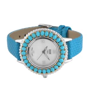 GP EON 1962 American Natural Sleeping Beauty Turquoise Swiss Movement Watch with Blue Genuine Leather Strap in Platinum Over Sterling Silver 3.85 ctw