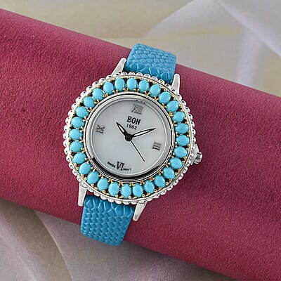 GP Eon 1962 Sleeping Beauty Turquoise Swiss Movement Watch with Blue Genuine Leather Strap in Platinum Over Sterling Silver 3.85 ctw