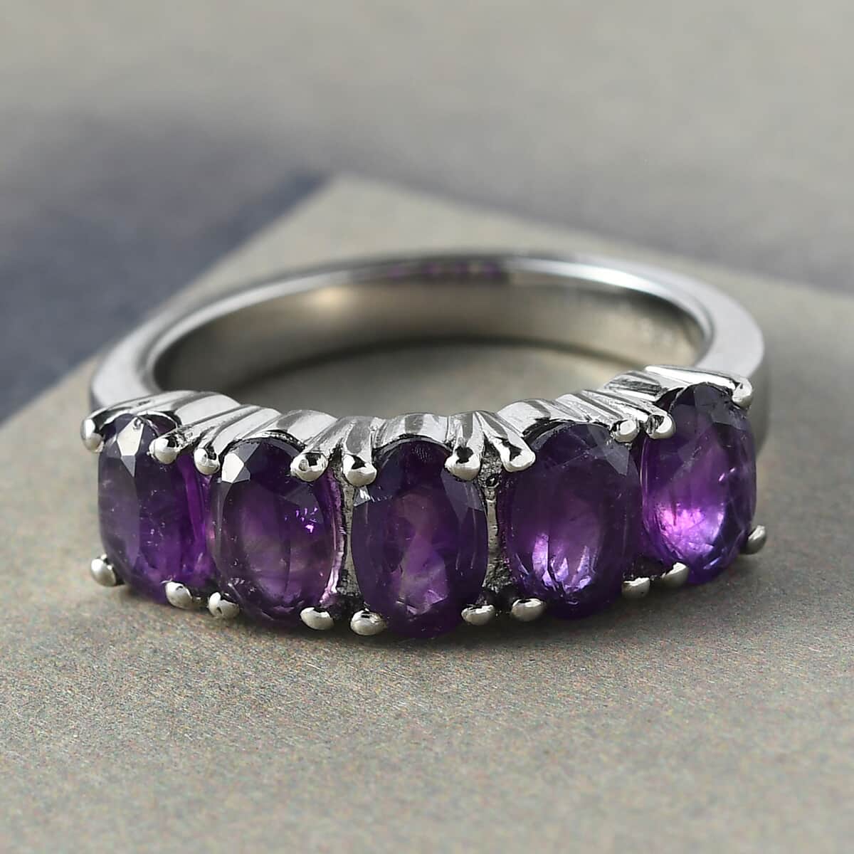 Amethyst 5 Stone Ring in Stainless Steel (Size 6.0) 2.25 ctw image number 1