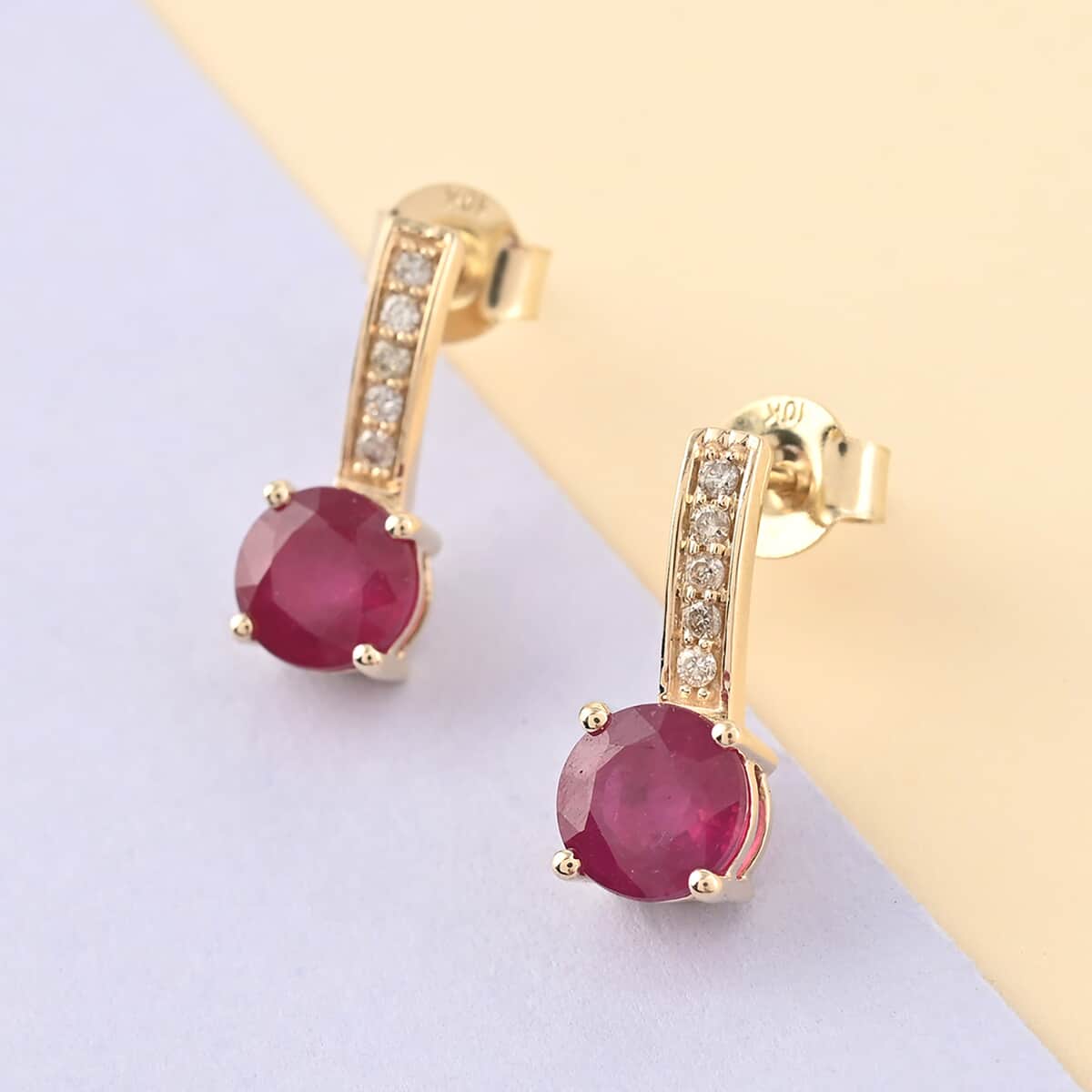Certified & Appraised Luxoro 10K Yellow Gold AAA Niassa Ruby (FF) and G-H I2 Diamond Earrings 2.60 ctw image number 1