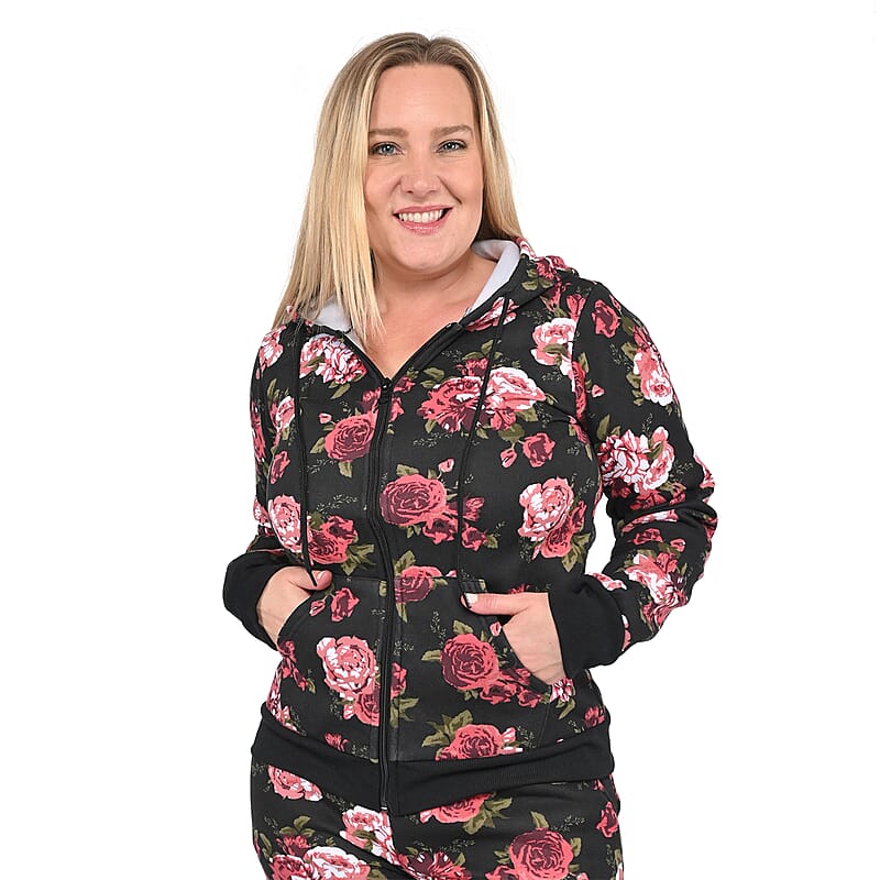 LIT26 Black Vintage Rose Fleece Zip-up Hoodie - 1X