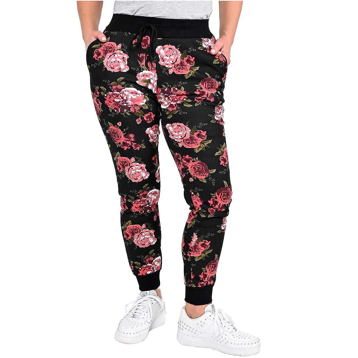 LIT26 Black Vintage Rose Print Fleece Joggers - XL image number 0