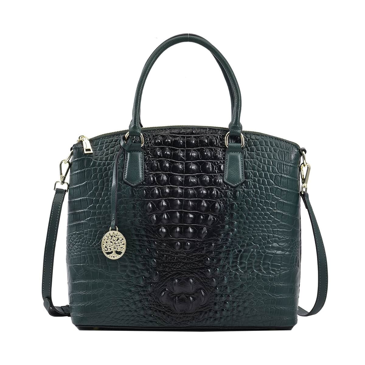 THE MONACO Dark Green with Black Croco Embossed Genuine Leather Tote Bag (12.99"x4.88"x11.6") with Handle Drop and Detachable Long Strap image number 0