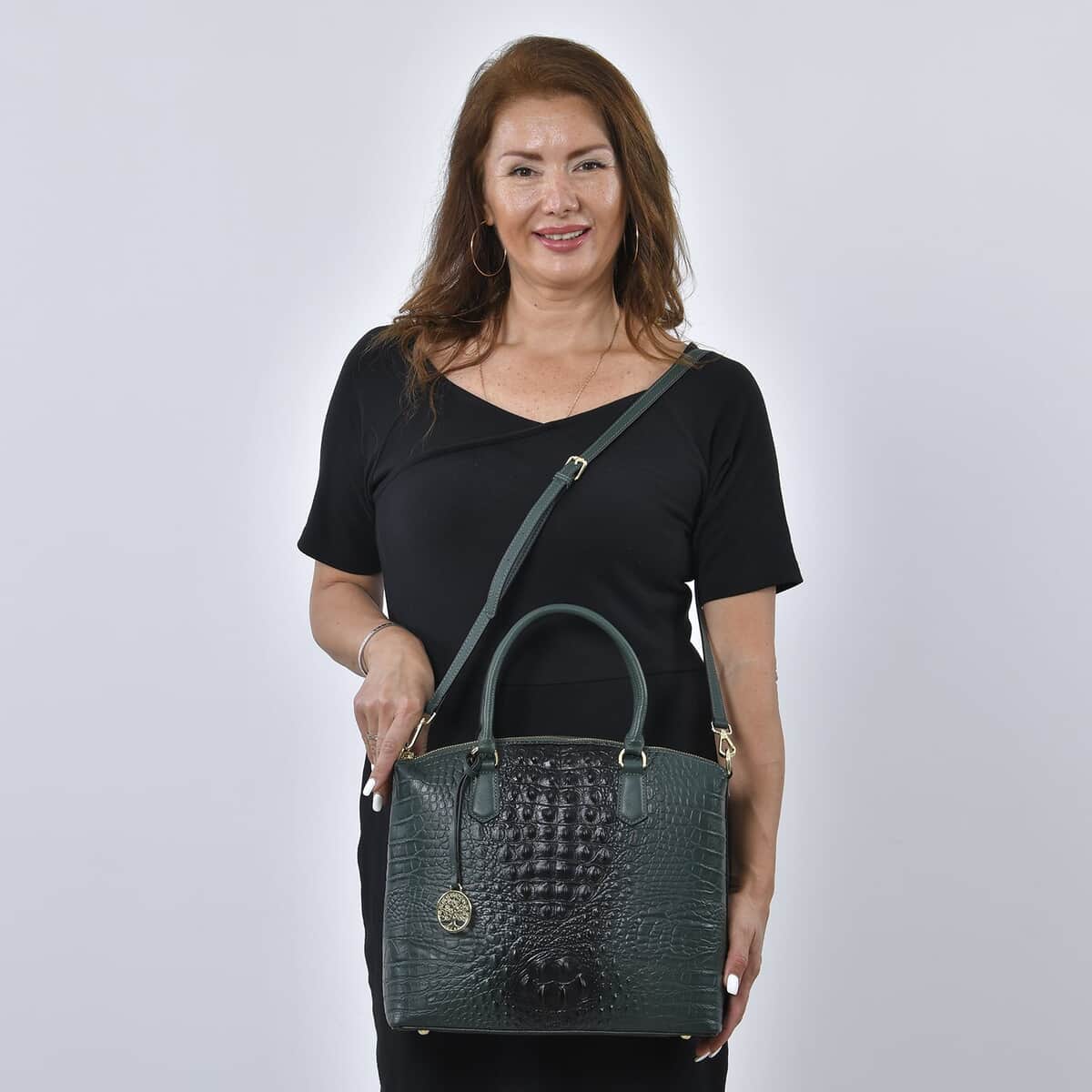 THE MONACO Dark Green with Black Croco Embossed Genuine Leather Tote Bag (12.99"x4.88"x11.6") with Handle Drop and Detachable Long Strap image number 1