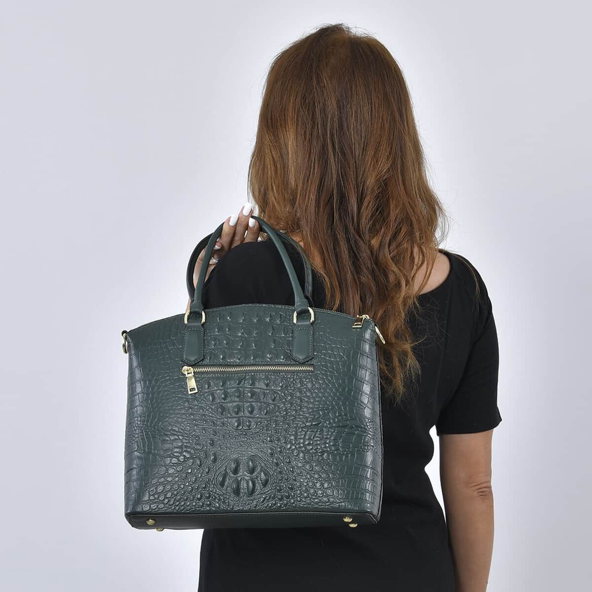 THE MONACO Dark Green with Black Croco Embossed Genuine Leather Tote Bag (12.99"x4.88"x11.6") with Handle Drop and Detachable Long Strap image number 2