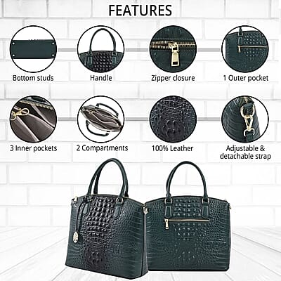 The Monaco Dark Green with Black Croco Embossed Genuine Leather Tote Bag for Women , Satchel Purse , Shoulder Handbag , Designer Tote Bag