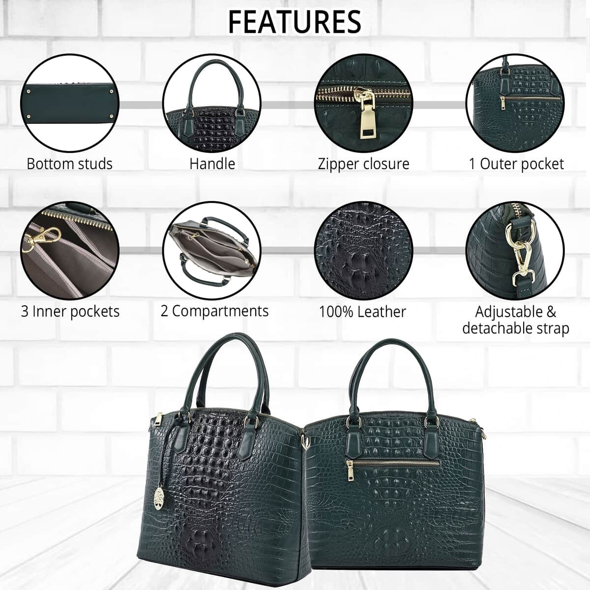 THE MONACO Dark Green with Black Croco Embossed Genuine Leather Tote Bag (12.99"x4.88"x11.6") with Handle Drop and Detachable Long Strap image number 3