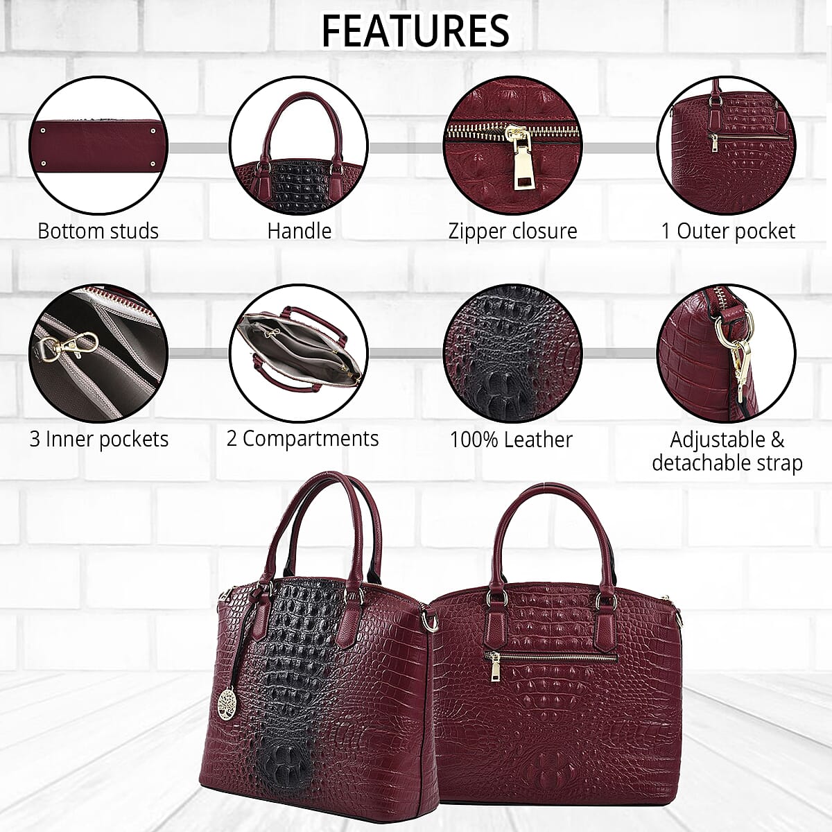 The Monaco Burgundy with Black Croco Embossed Genuine Leather Tote Bag for Women , Satchel Purse , Shoulder Handbag , Designer Tote Bag image number 3