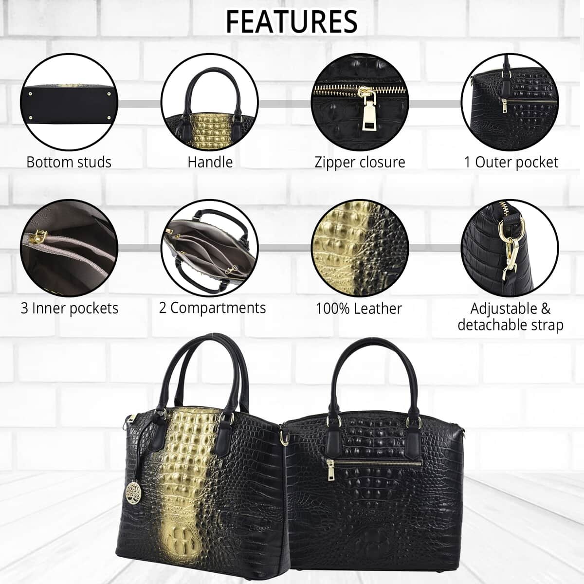 The Monaco Black with Golden Croco Embossed Genuine Leather Tote Bag for Women , Satchel Purse , Shoulder Handbag , Designer Tote Bag image number 3