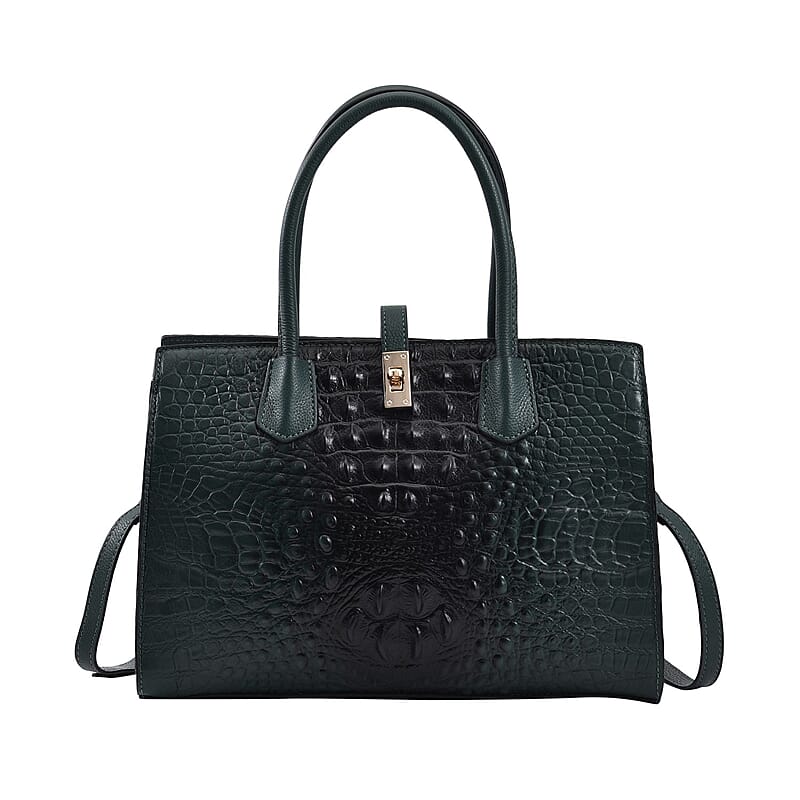 THE MONACO Dark Green with Black Genuine Leather Croc Embossed Convertible Tote Bag with Detachable Long Strap