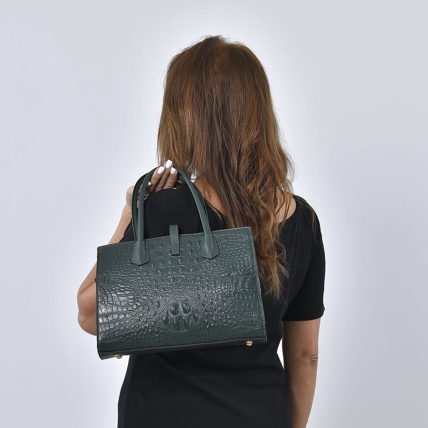 THE MONACO Dark Green with Black Genuine Leather Croc Embossed Convertible Tote Bag with Detachable Long Strap