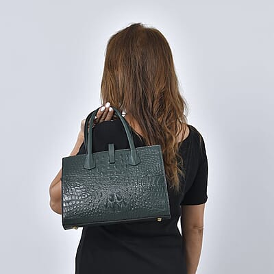 THE MONACO Dark Green with Black Genuine Leather Croc Embossed Convertible Tote Bag with Detachable Long Strap