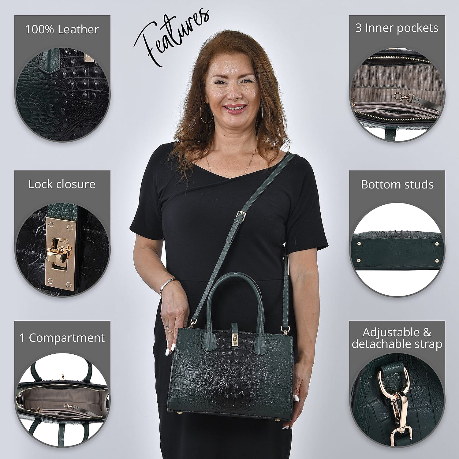 THE MONACO Dark Green with Black Genuine Leather Croc Embossed Convertible Tote Bag with Detachable Long Strap