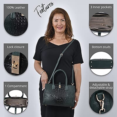 THE MONACO Dark Green with Black Genuine Leather Croc Embossed Convertible Tote Bag with Detachable Long Strap