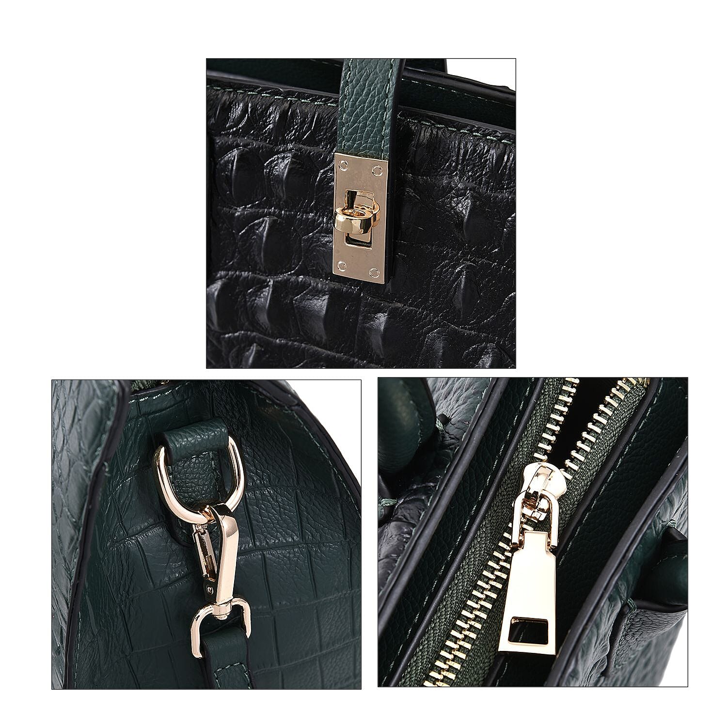 THE MONACO Dark Green with Black Genuine Leather Croc Embossed Convertible Tote Bag with Detachable Long Strap