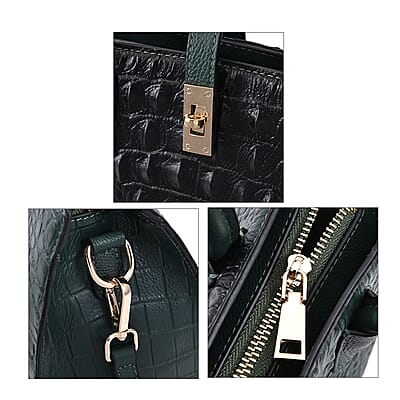 THE MONACO Dark Green with Black Genuine Leather Croc Embossed Convertible Tote Bag with Detachable Long Strap