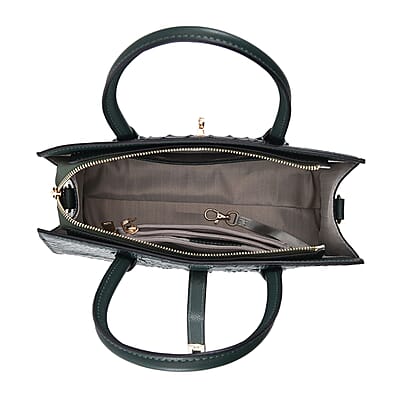 THE MONACO Dark Green with Black Genuine Leather Croc Embossed Convertible Tote Bag with Detachable Long Strap
