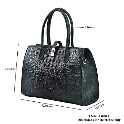 THE MONACO Dark Green with Black Genuine Leather Croc Embossed Convertible Tote Bag with Detachable Long Strap