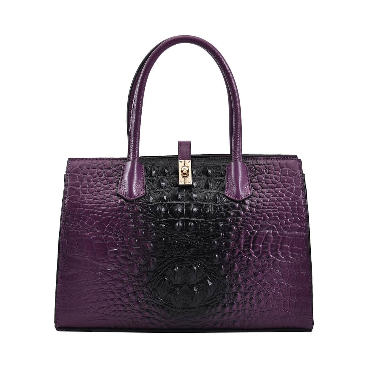 THE MONACO Purple with Black Genuine Leather Croc Embossed Convertible Tote Bag with Detachable Long Strap image number 0