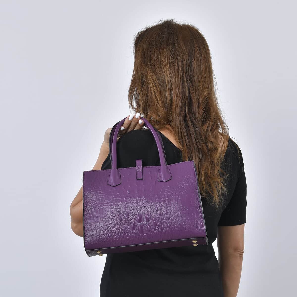 THE MONACO Purple with Black Genuine Leather Croc Embossed Convertible Tote Bag with Detachable Long Strap image number 1