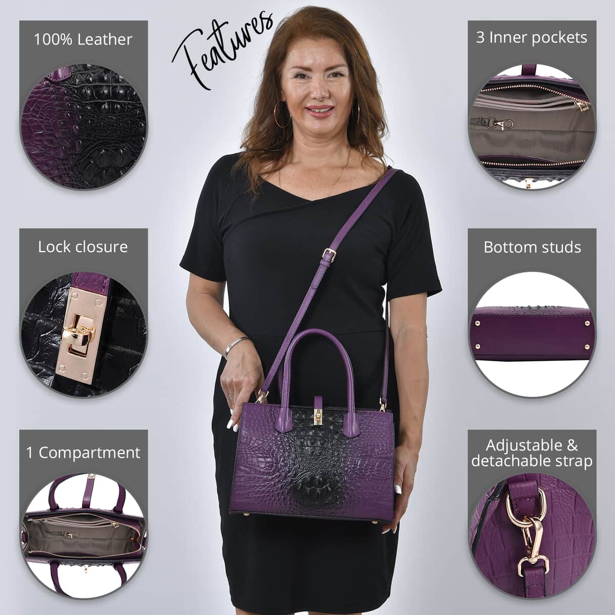 THE MONACO Purple with Black Genuine Leather Croc Embossed Convertible Tote Bag with Detachable Long Strap image number 2