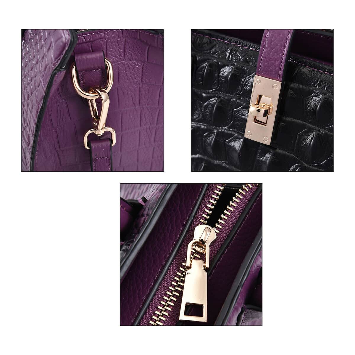 THE MONACO Purple with Black Genuine Leather Croc Embossed Convertible Tote Bag with Detachable Long Strap image number 4