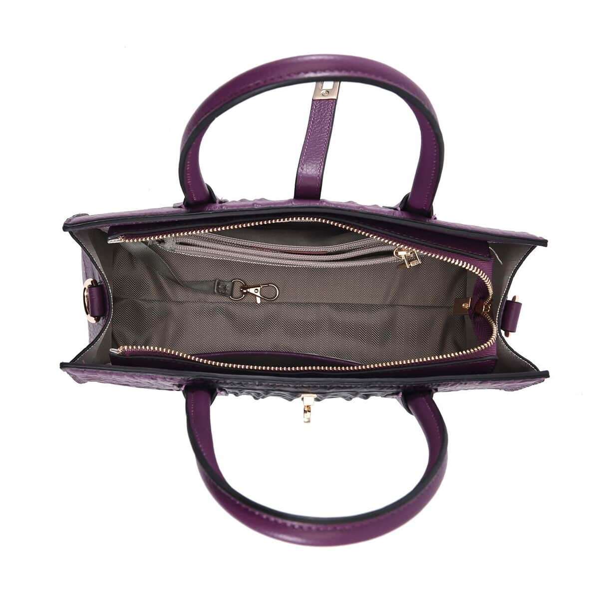 THE MONACO Purple with Black Genuine Leather Croc Embossed Convertible Tote Bag with Detachable Long Strap image number 5
