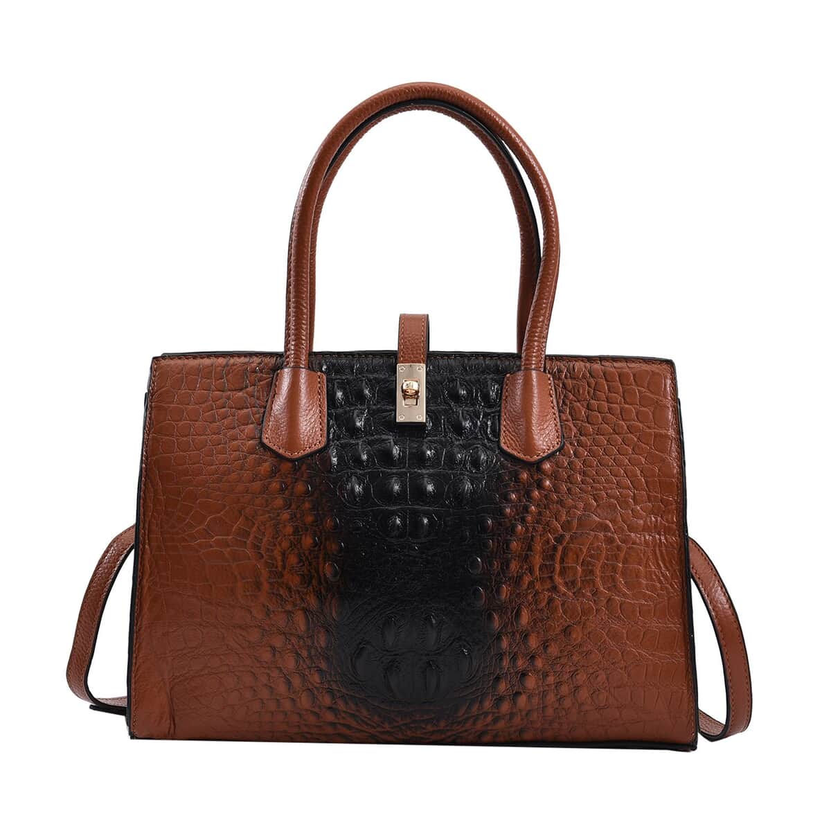 THE MONACO Brown with Black Genuine Leather Croc Embossed Convertible Tote Bag with Detachable Long Strap image number 0