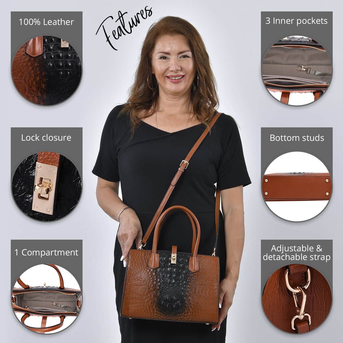 THE MONACO Brown with Black Genuine Leather Croc Embossed Convertible Tote Bag with Detachable Long Strap image number 2