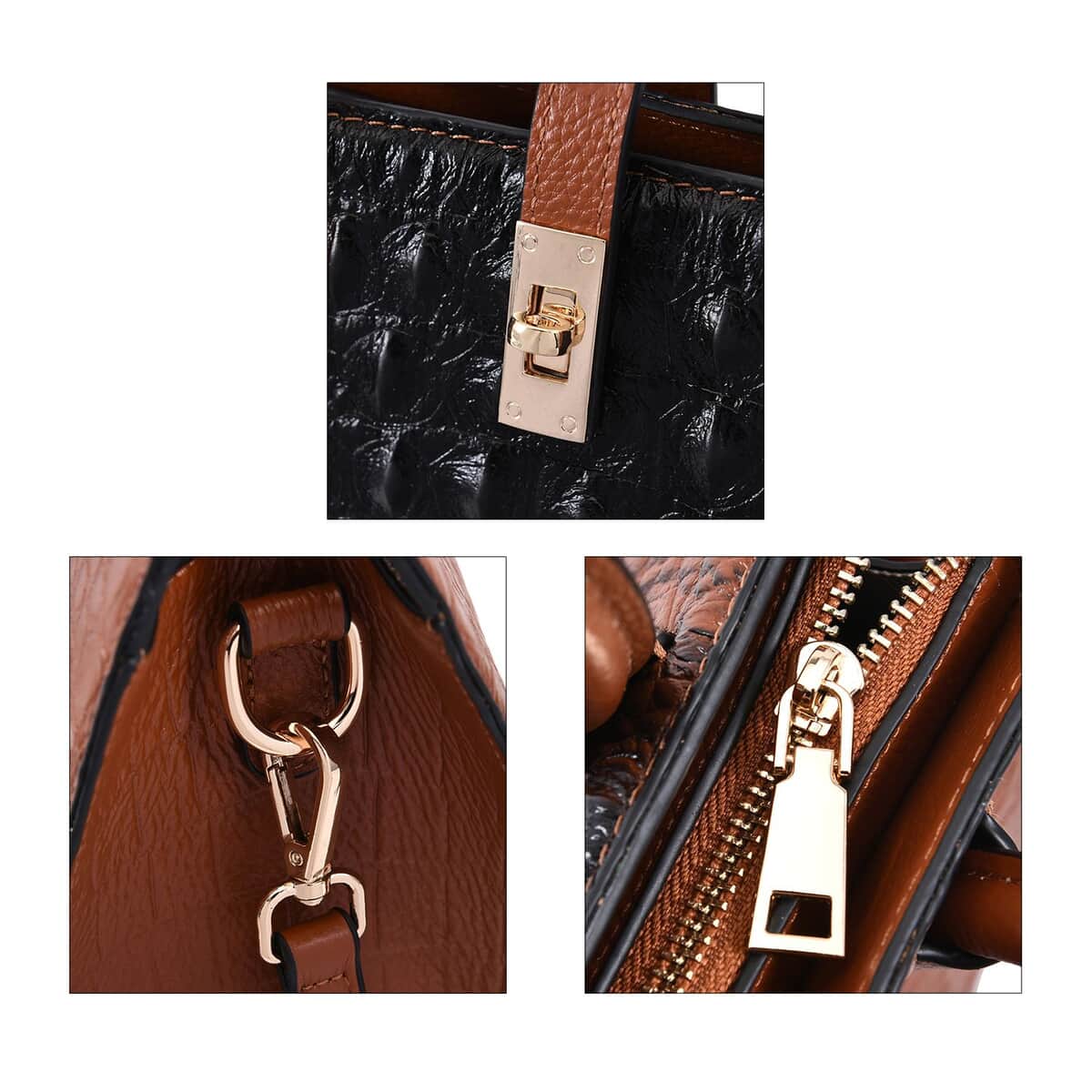 THE MONACO Brown with Black Genuine Leather Croc Embossed Convertible Tote Bag with Detachable Long Strap image number 4