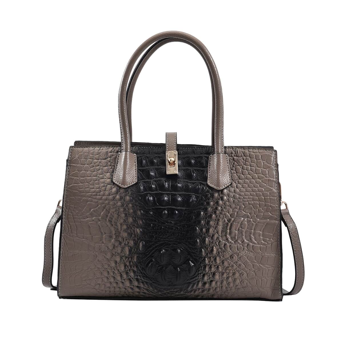 THE MONACO Gray with Black Genuine Leather Croc Embossed Convertible Tote Bag with Detachable Long Strap image number 0