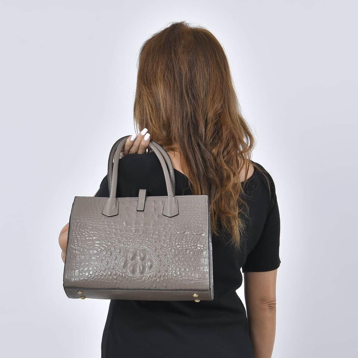 THE MONACO Gray with Black Genuine Leather Croc Embossed Convertible Tote Bag with Detachable Long Strap image number 1