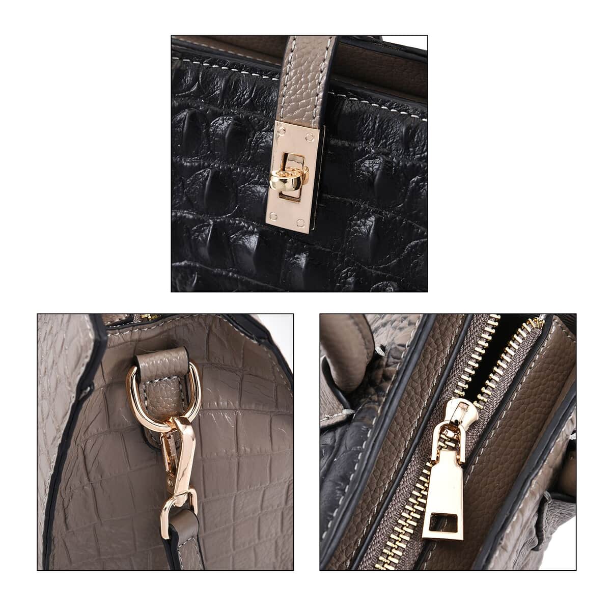 THE MONACO Gray with Black Genuine Leather Croc Embossed Convertible Tote Bag with Detachable Long Strap image number 4