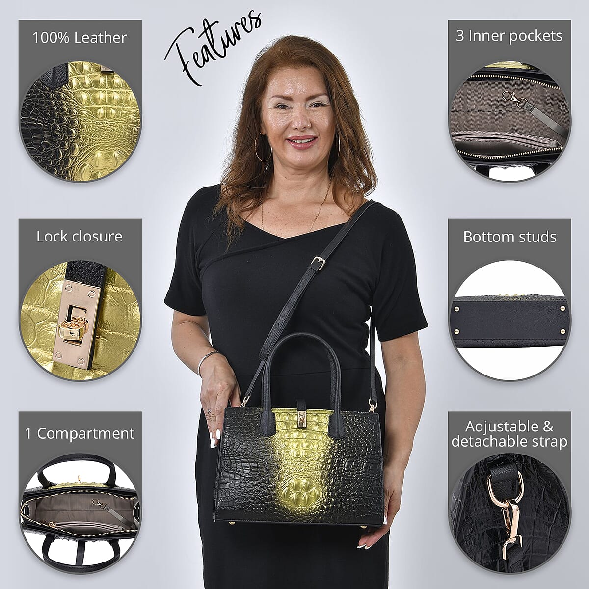 The Monaco Black with Golden Genuine Leather Croc Embossed Convertible Tote Bag with Detachable Long Strap image number 2