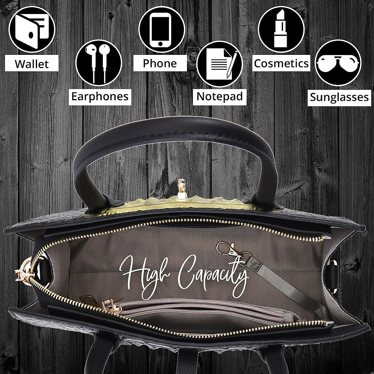 The Monaco Black with Golden Genuine Leather Croc Embossed Convertible Tote Bag with Detachable Long Strap image number 3