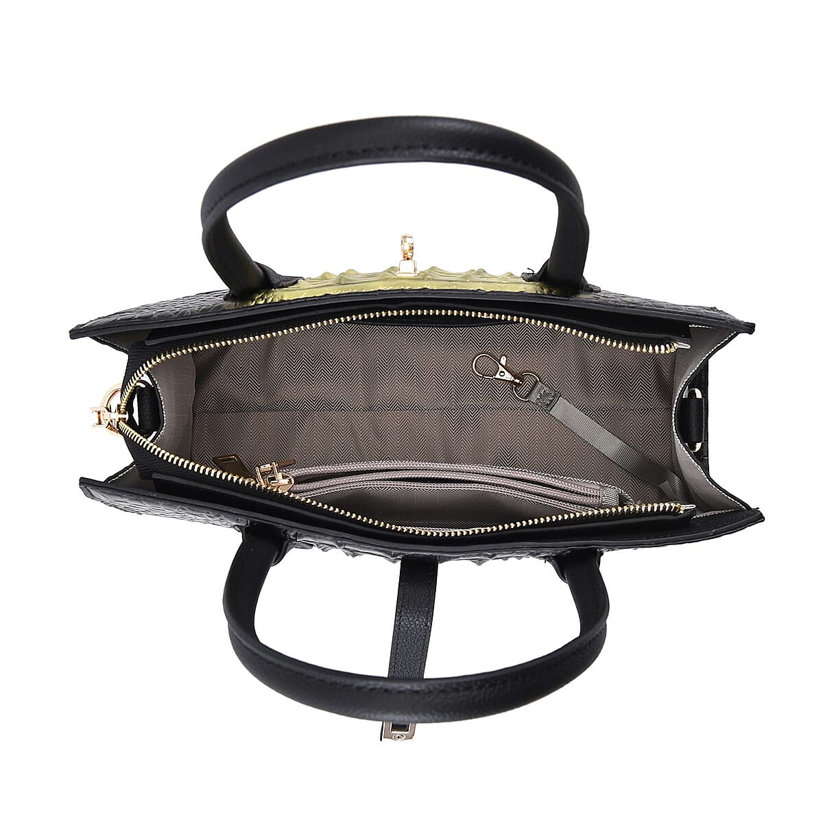 The Monaco Black with Golden Genuine Leather Croc Embossed Convertible Tote Bag with Detachable Long Strap image number 5