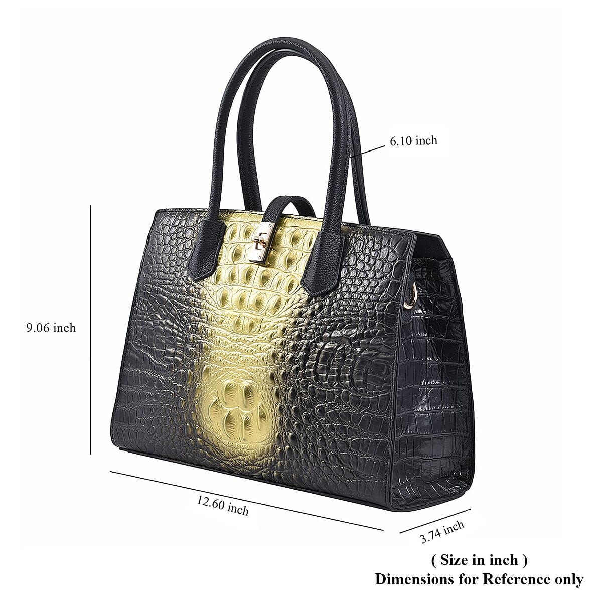 The Monaco Black with Golden Genuine Leather Croc Embossed Convertible Tote Bag with Detachable Long Strap image number 6