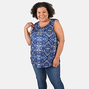 Tamsy Navy Wave Print Basic Scoop Neck Knit Tank - Medium