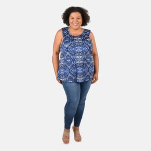 Tamsy Navy Wave Print Basic Scoop Neck Knit Tank - Large