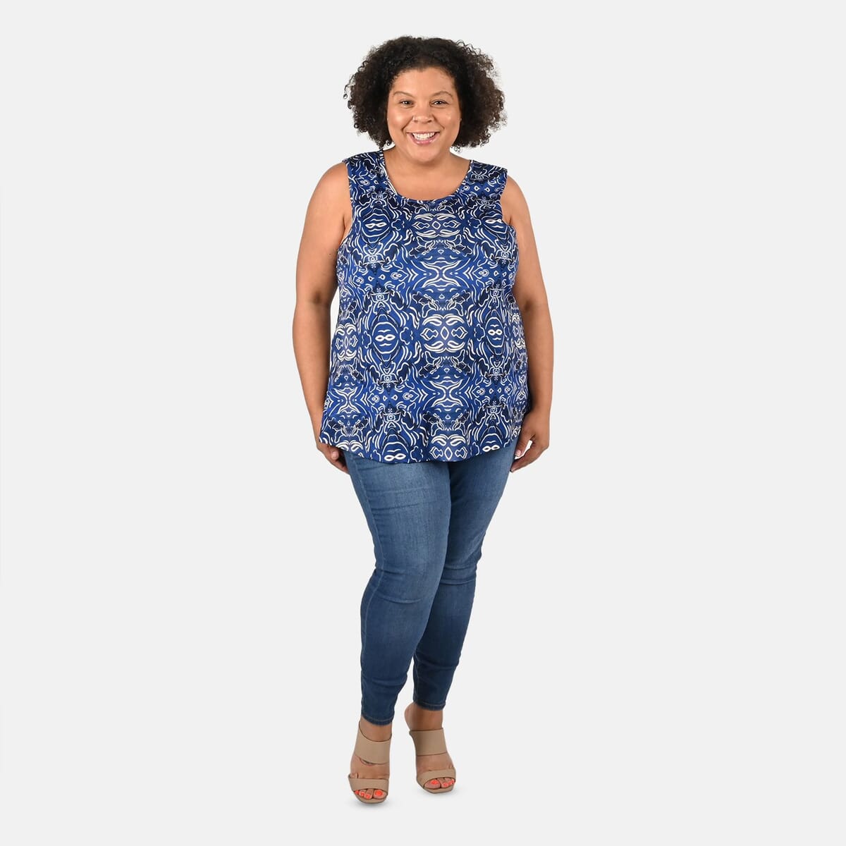 Tamsy Navy Wave Print Basic Scoop Neck Knit Tank - 2X image number 0