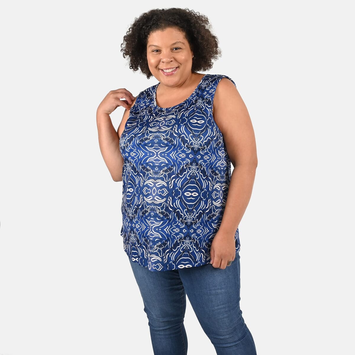 Tamsy Navy Wave Print Basic Scoop Neck Knit Tank - 2X image number 3