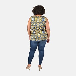 Tamsy Gray and Yellow Floral Print Basic Scoop Neck Knit Tank - Large