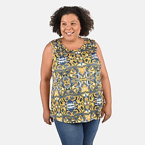 Tamsy Gray and Yellow Floral Print Basic Scoop Neck Knit Tank - Large