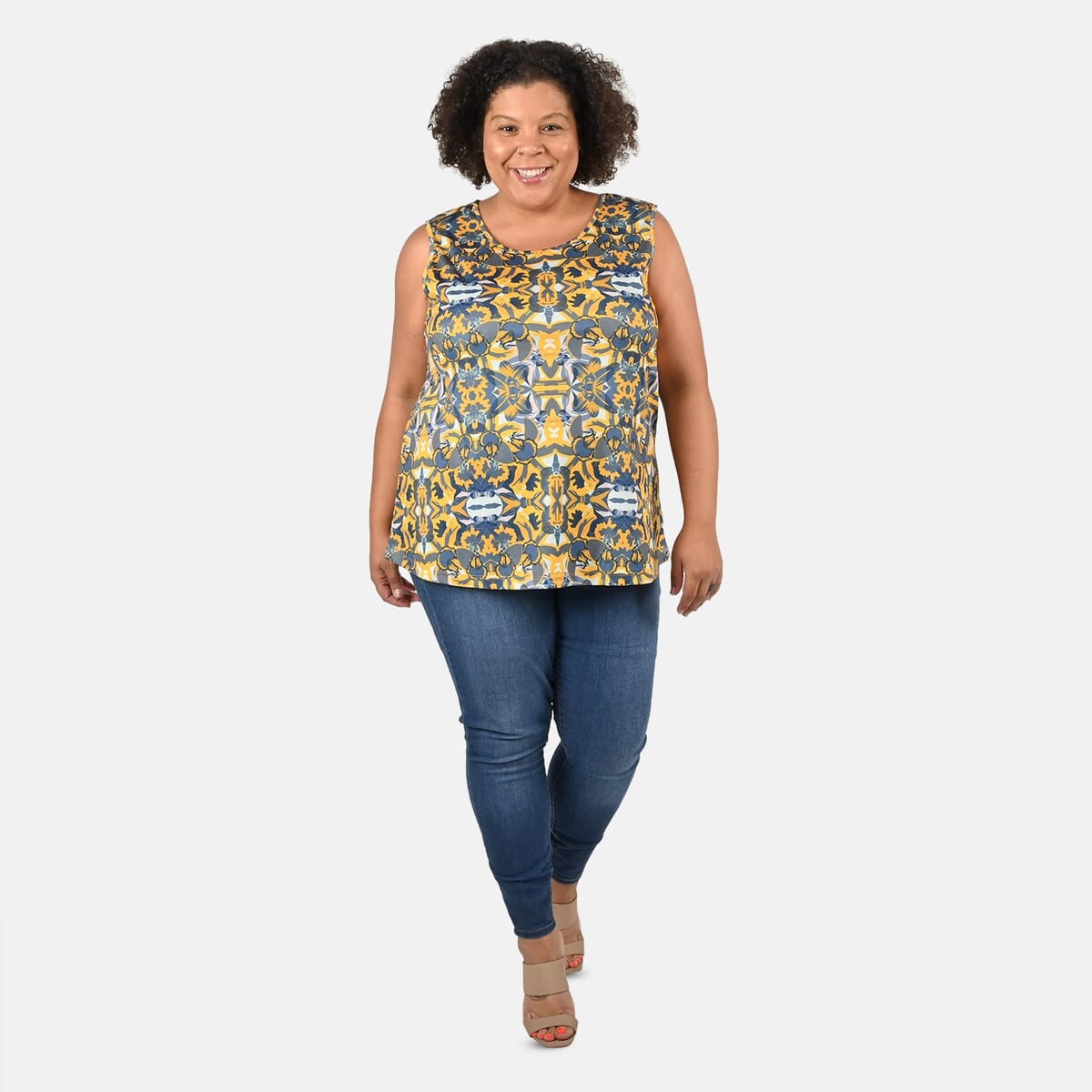 Tamsy Gray and Yellow Floral Print Basic Scoop Neck Knit Tank - 1X image number 0