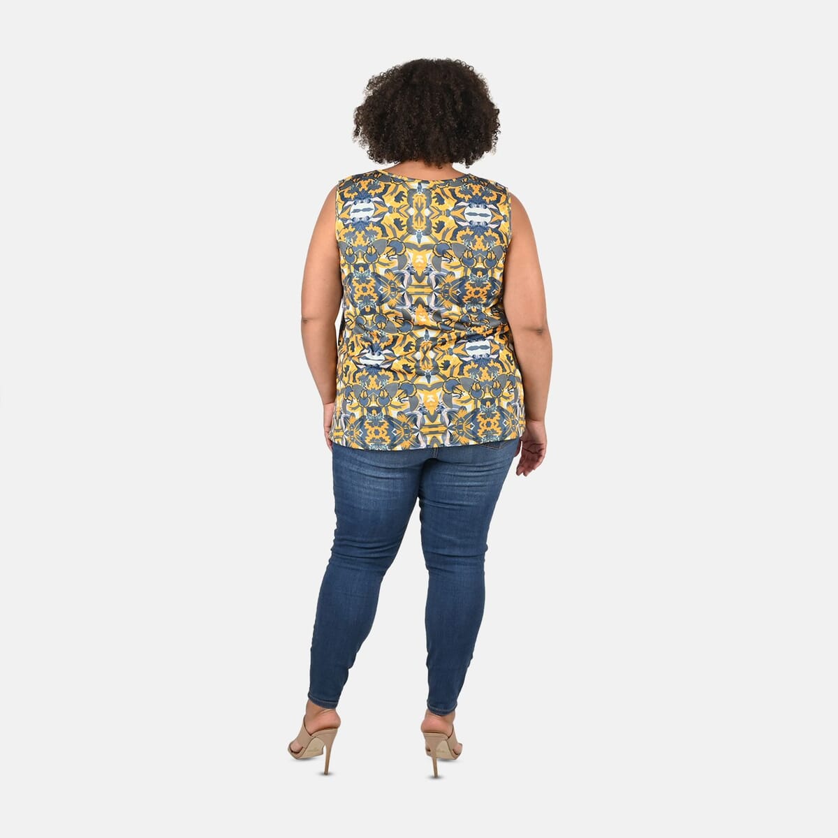 Tamsy Gray and Yellow Floral Print Basic Scoop Neck Knit Tank - 1X image number 1