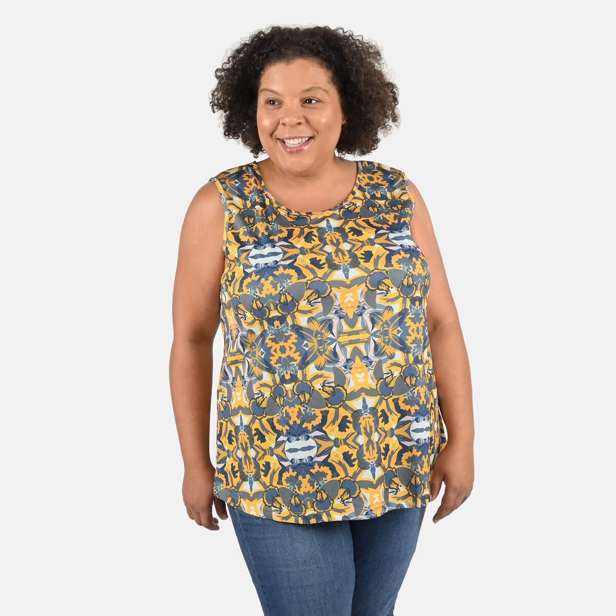 Tamsy Gray and Yellow Floral Print Basic Scoop Neck Knit Tank - 1X image number 3