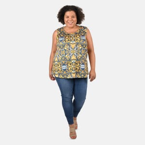 Tamsy Gray and Yellow Floral Print Basic Scoop Neck Knit Tank - XL