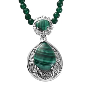 African Malachite Pendant with Green Quartzite Beaded Necklace 20 Inches in Stainless Steel 55.60 ctw
